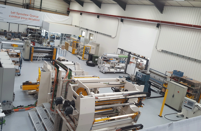 Spoolex testshop with slitter rewinders, spooling machines and ultrasonic welding and cutting devices